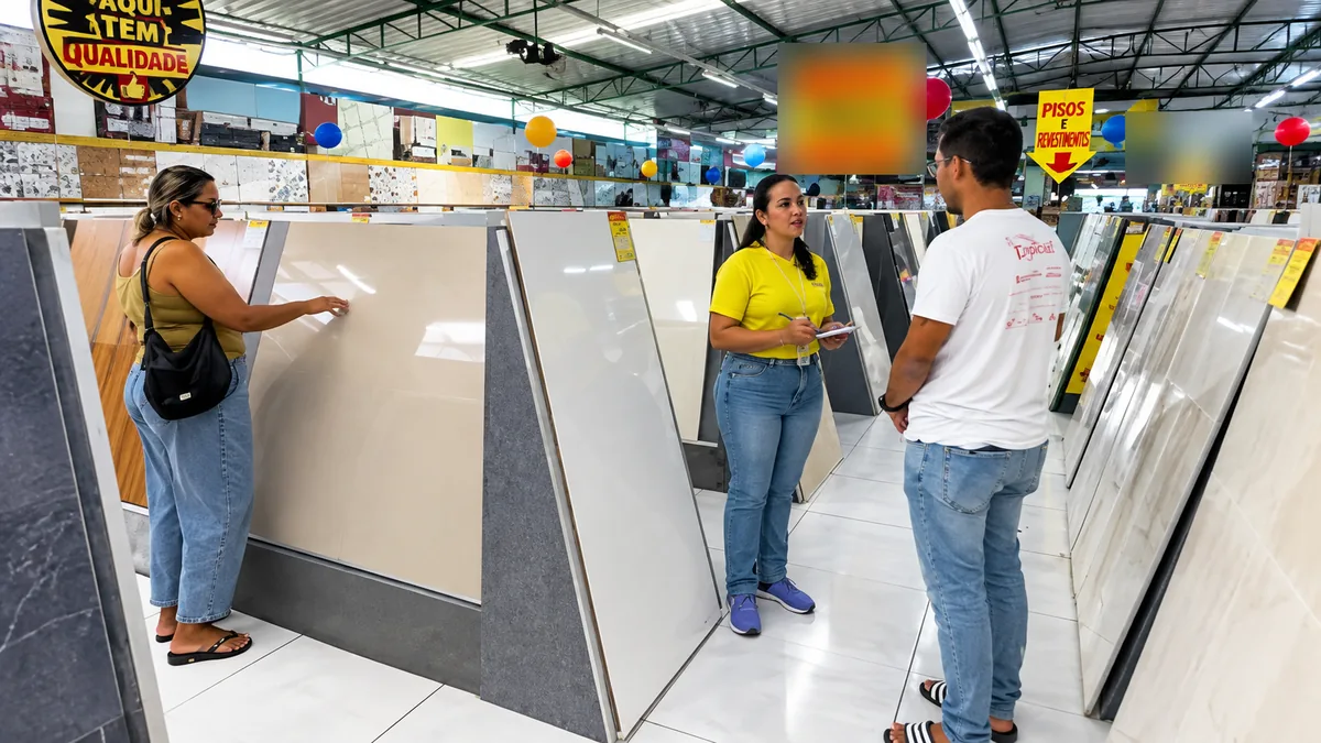 Equipe da loja atendendo clientes no corredor de exposição do Lojão da Construção