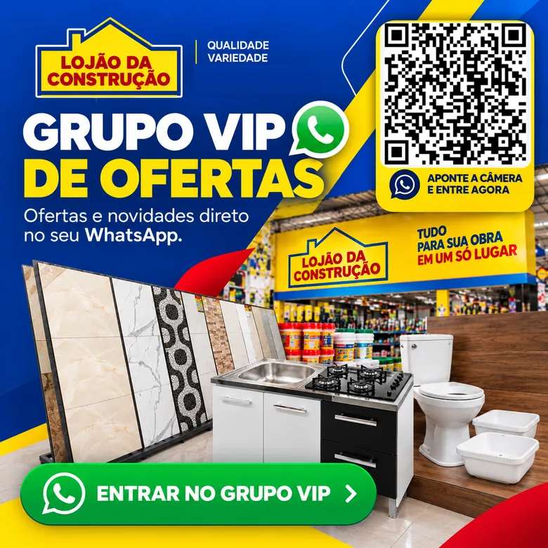 Banner do Grupo VIP de Ofertas do Lojão da Construção no WhatsApp, versão vertical com QR code e o showroom da loja