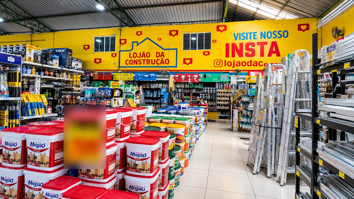 Setor de tintas do Lojão da Construção com baldes empilhados e o corredor de ferramentas ao fundo
