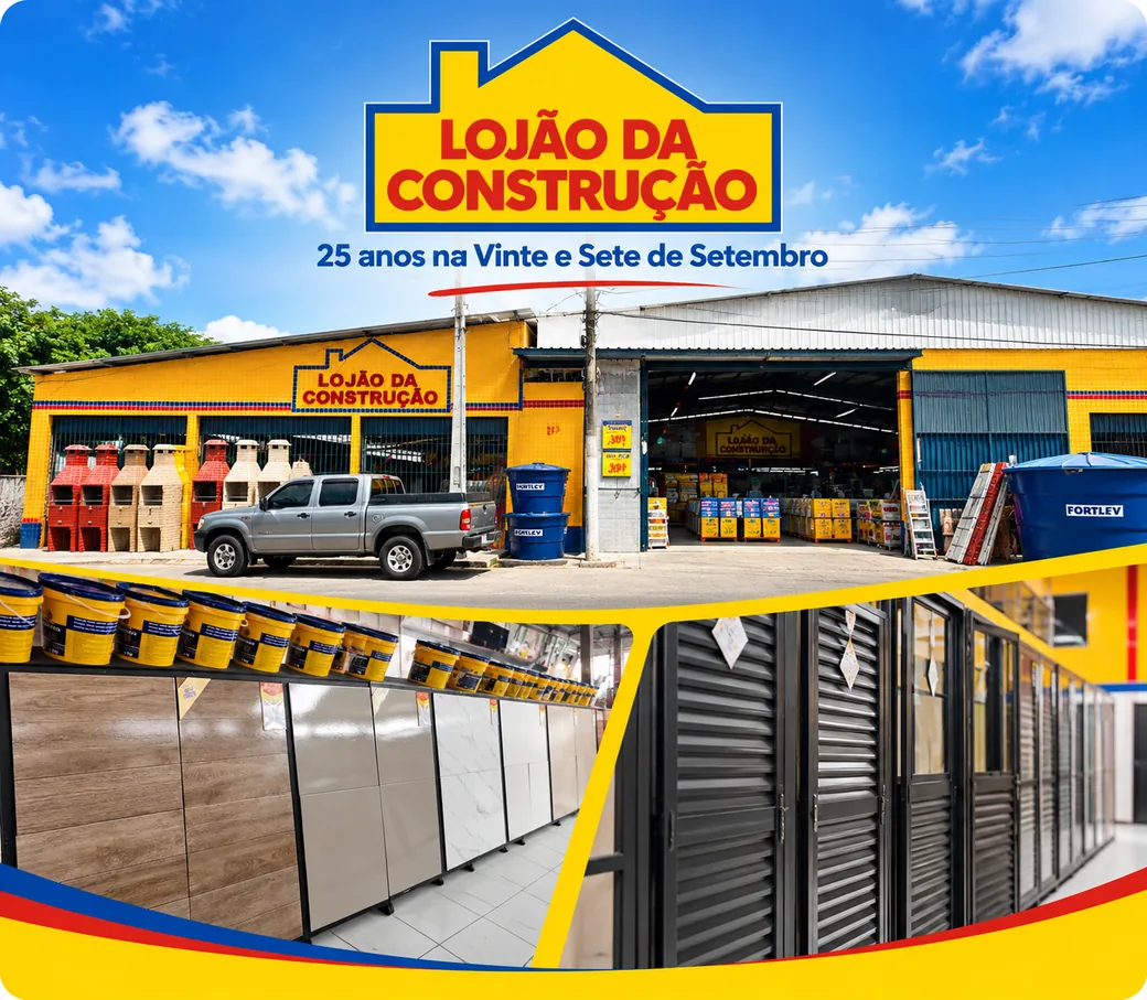 Composição com a fachada do Lojão da Construção em Igarassu, o showroom de pisos e as portas de alumínio da loja