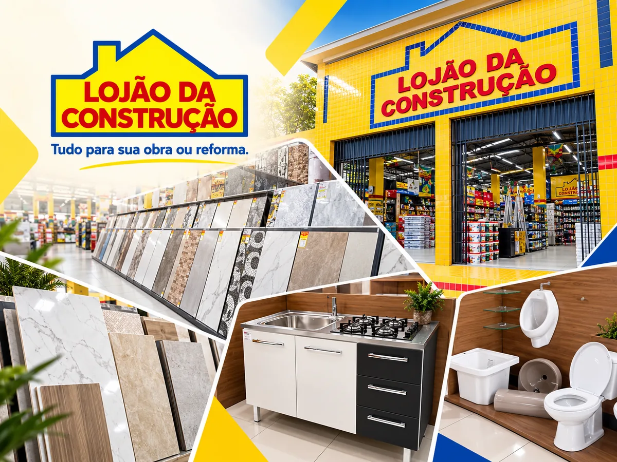 Fachada do Lojão da Construção em Igarassu e produtos expostos na loja: revestimentos, gabinete de cozinha e louças sanitárias